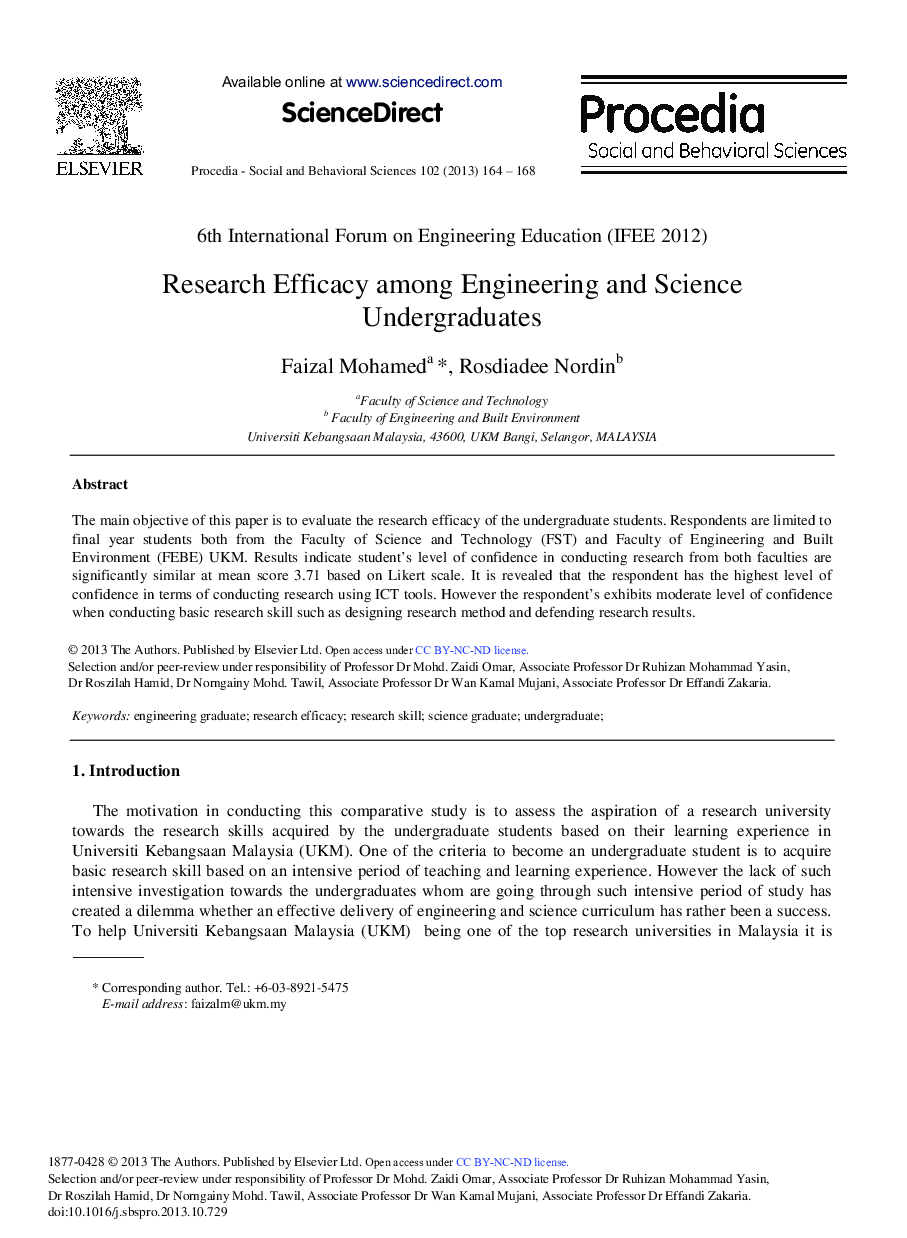 Research Efficacy among Engineering and Science Undergraduates 