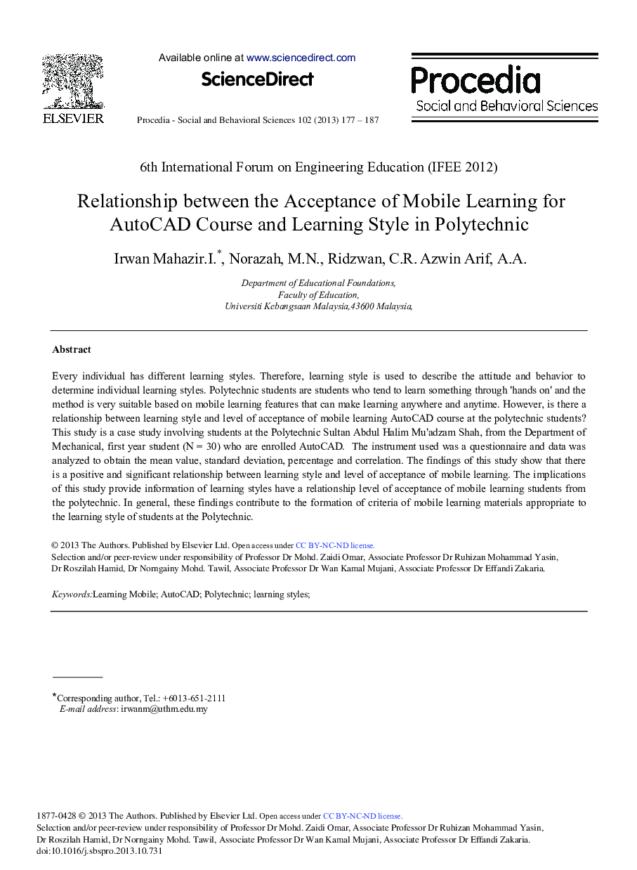 Relationship between the Acceptance of Mobile Learning for AutoCAD Course and Learning Style in Polytechnic 