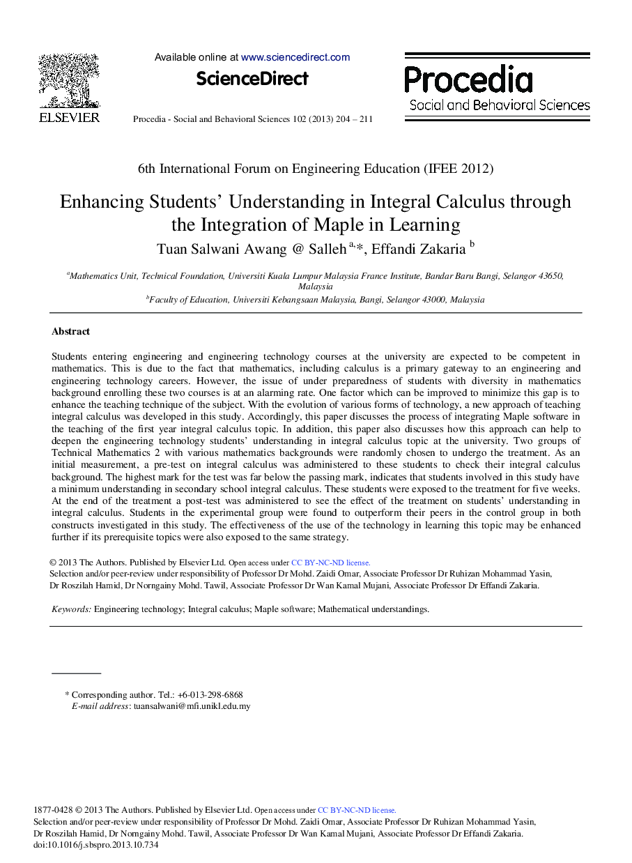 Enhancing Students’ Understanding in Integral Calculus through the Integration of Maple in Learning 