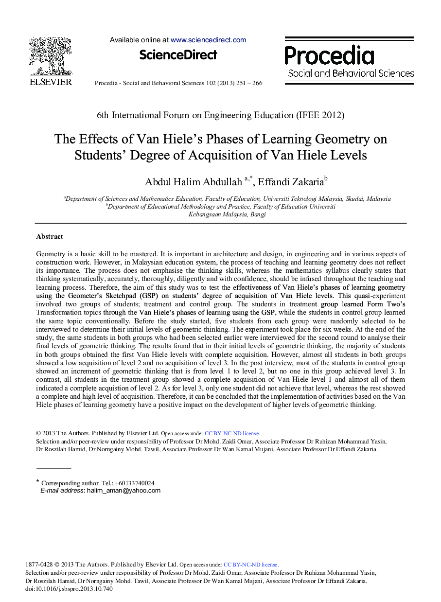 The Effects of Van Hiele's Phases of Learning Geometry on Students’ Degree of Acquisition of Van Hiele Levels 