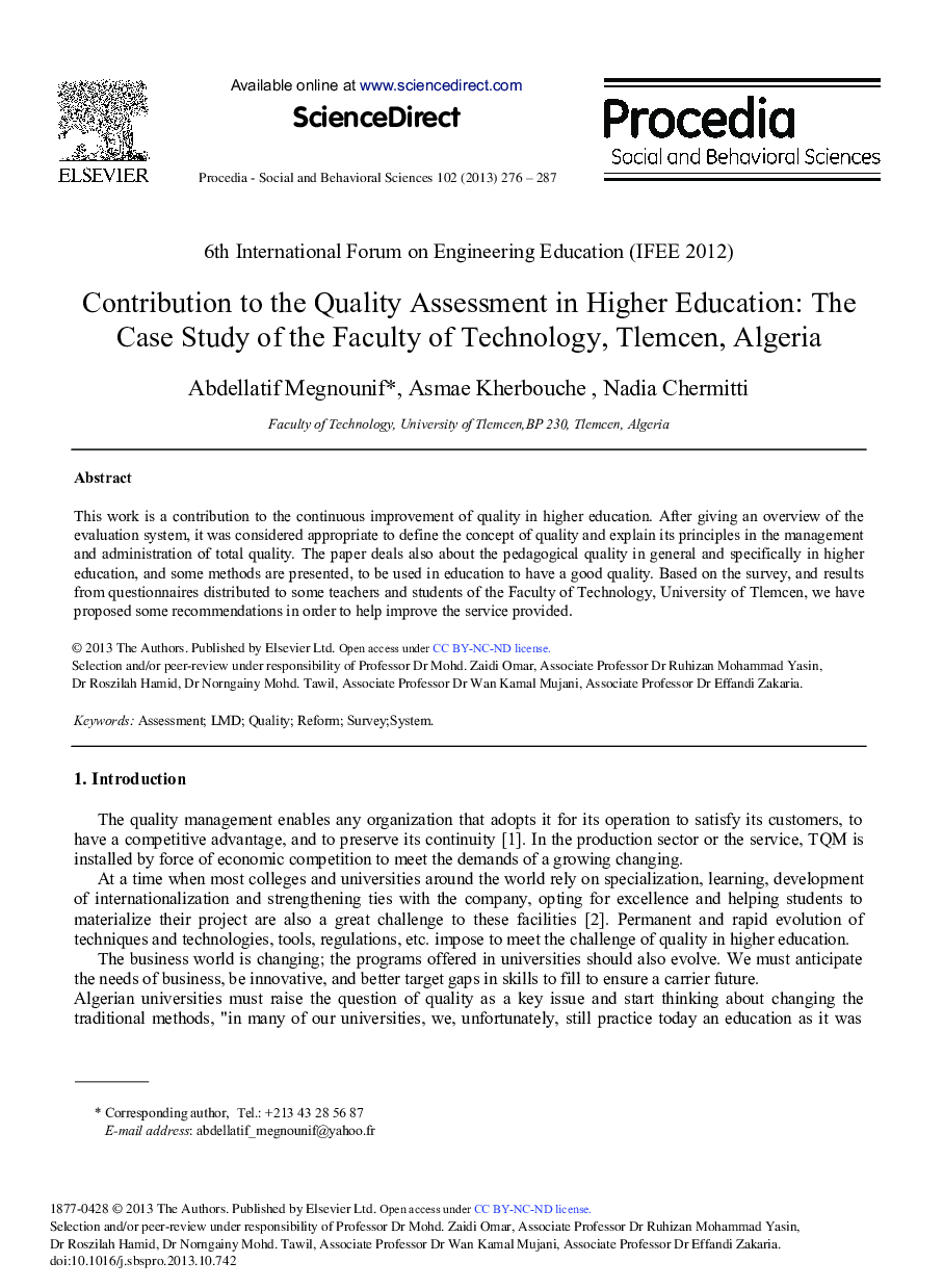 Contribution to the Quality Assessment in Higher Education: The Case Study of the Faculty of Technology, Tlemcen, Algeria 