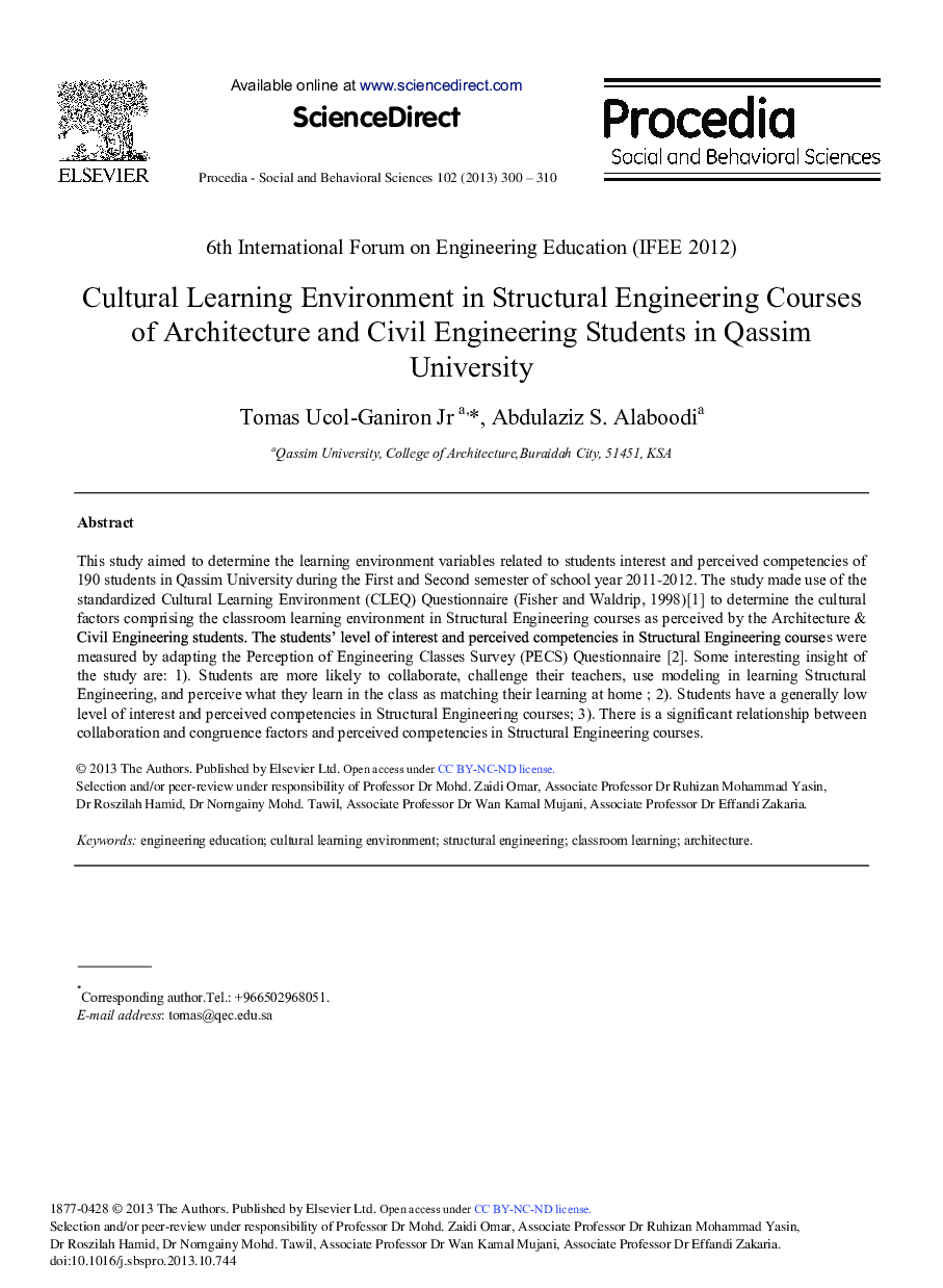 Cultural Learning Environment in Structural Engineering Courses of Architecture and Civil Engineering Students in Qassim University 