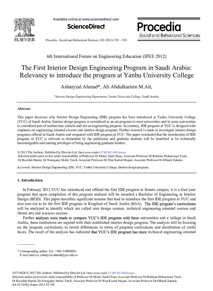 The First Interior Design Engineering Program in Saudi Arabia: Relevancy to Introduce the Program at Yanbu University College 