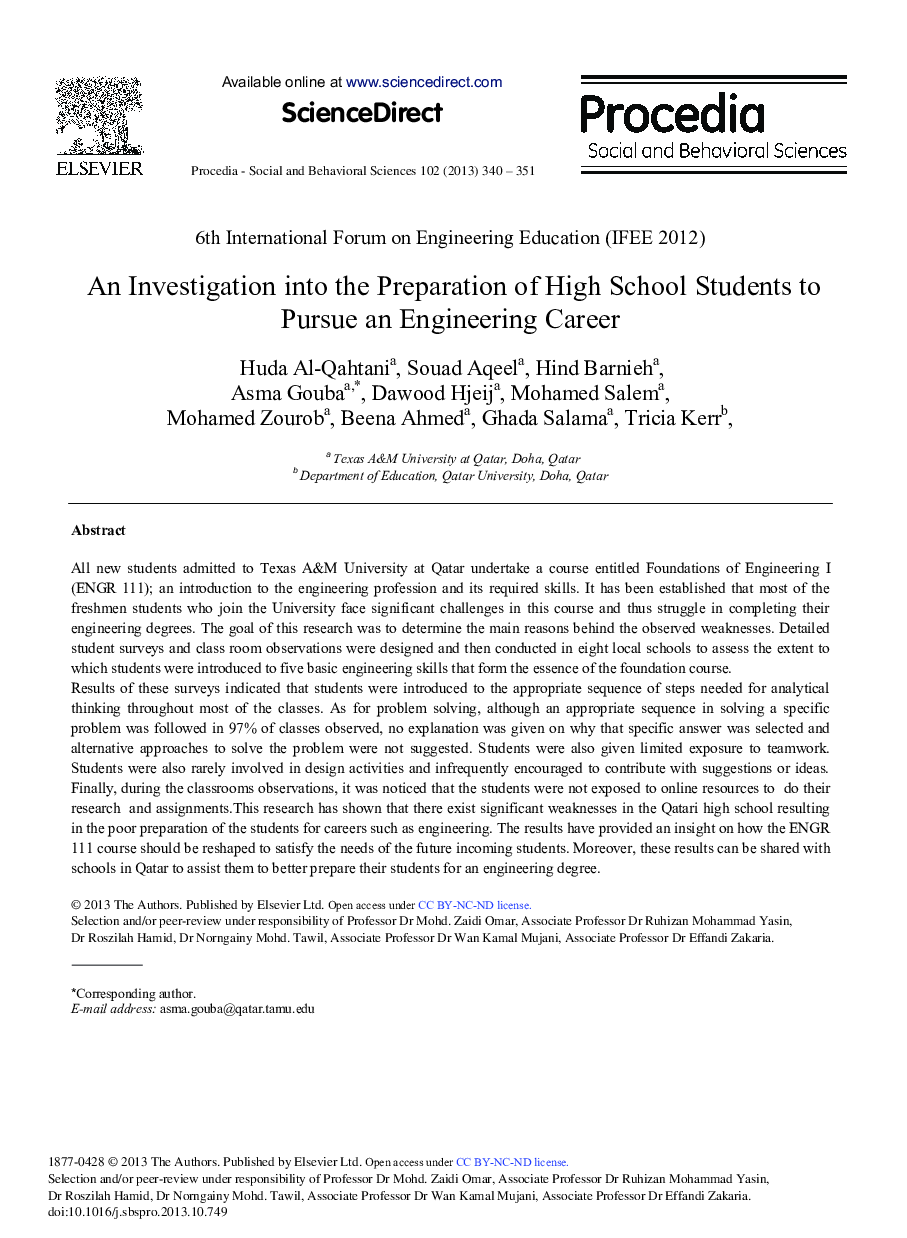 An Investigation into the Preparation of High School Students to Pursue an Engineering Career 