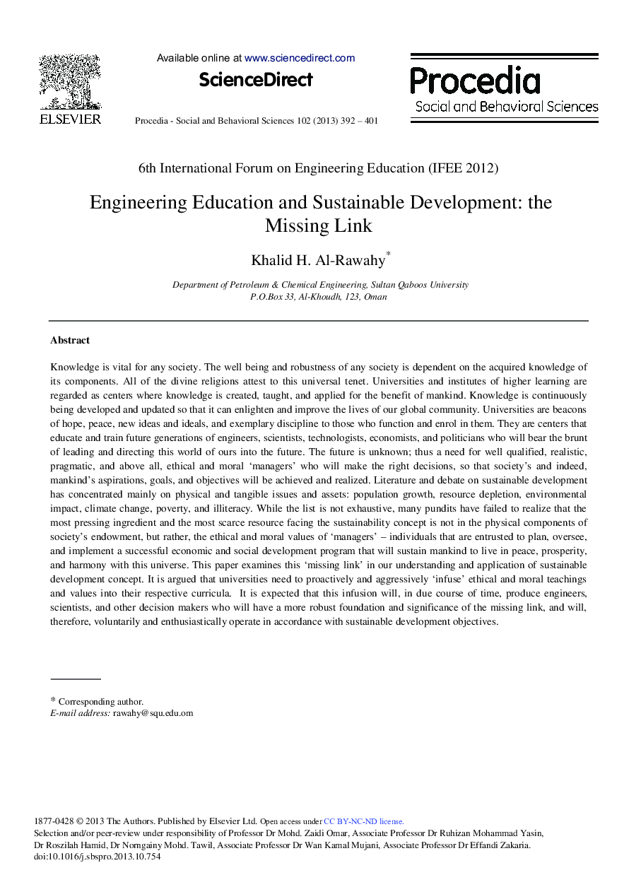 Engineering Education and Sustainable Development: The Missing Link 