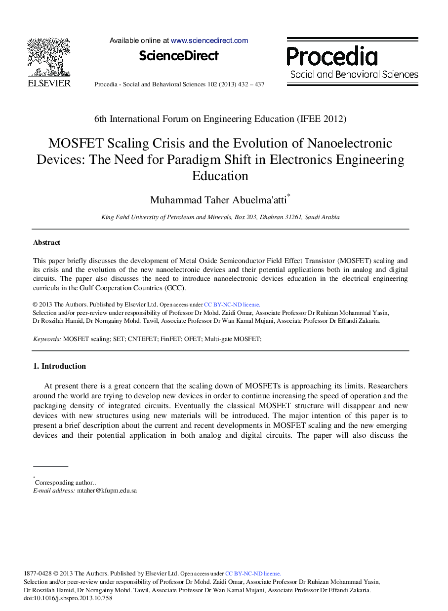 MOSFET Scaling Crisis and the Evolution of Nanoelectronic Devices: The Need for Paradigm Shift in Electronics Engineering Education 