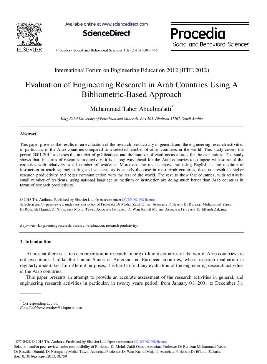 Evaluation of Engineering Research in Arab Countries Using a Bibliometric-based Approach 