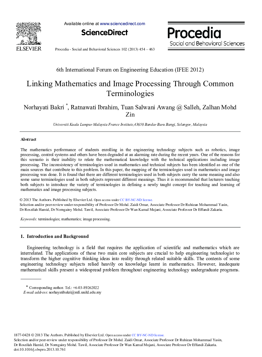 Linking Mathematics and Image Processing Through Common Terminologies 