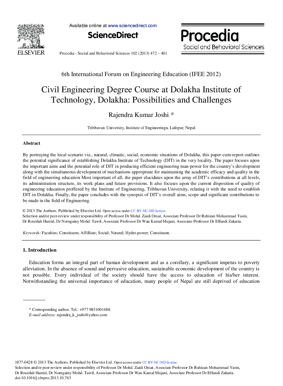 Civil Engineering Degree Course at Dolakha Institute of Technology, Dolakha: Possibilities and Challenges 