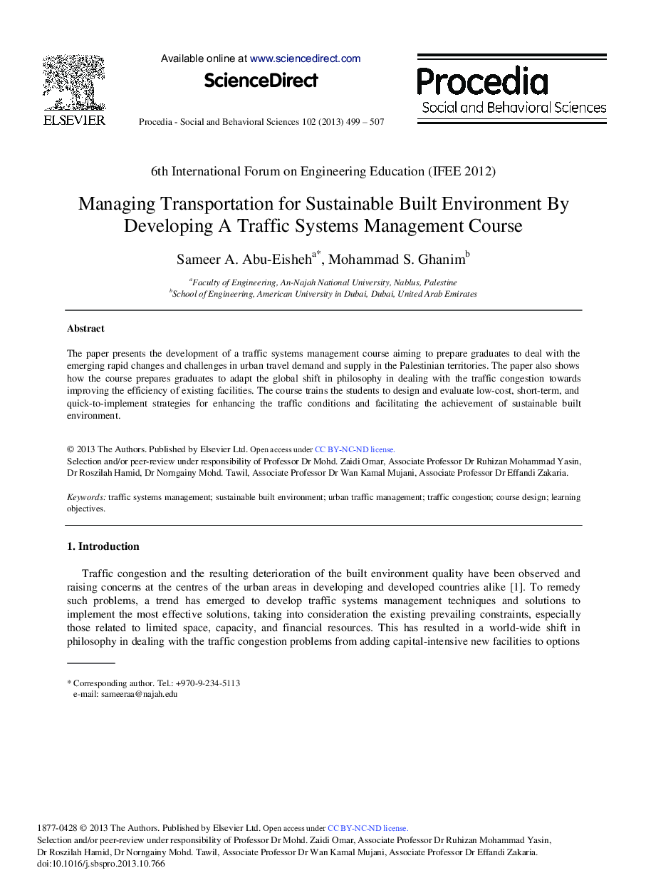 Managing Transportation for Sustainable Built Environment By Developing A Traffic Systems Management Course 