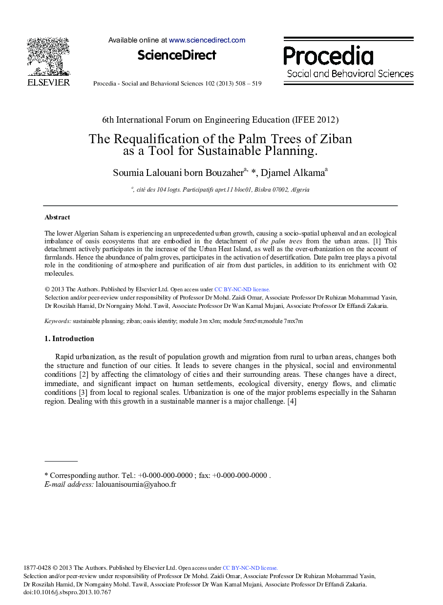 The Requalification of the Palm Trees of Ziban as a Tool for Sustainable Planning 