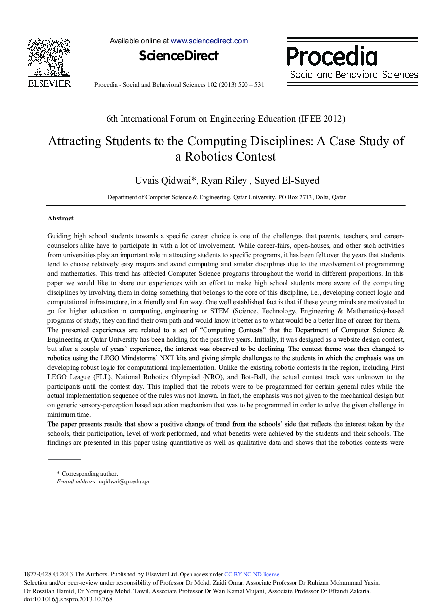 Attracting Students to the Computing Disciplines: A Case Study of a Robotics Contest 