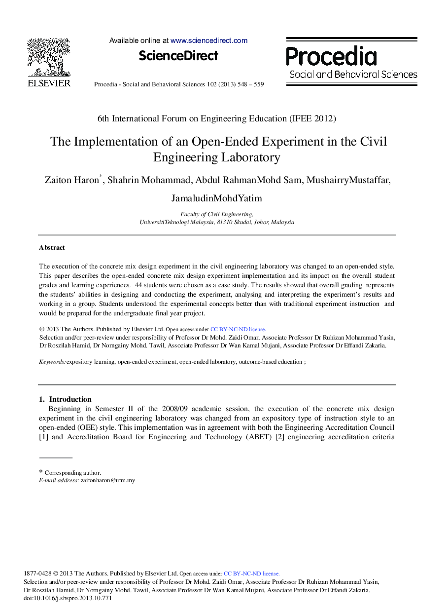 The Implementation of an Open-ended Experiment in the Civil Engineering Laboratory 