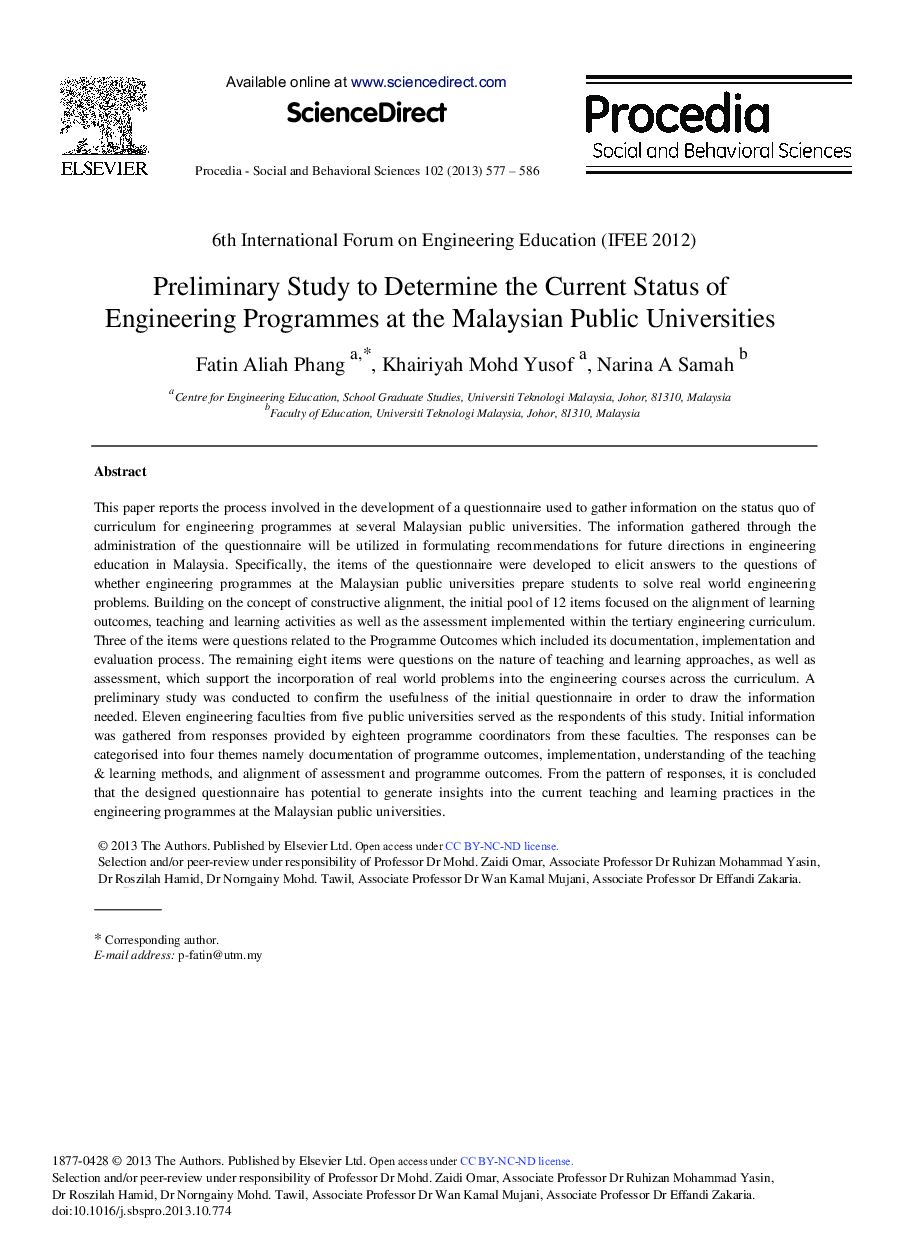 Preliminary Study to Determine the Current Status of Engineering Programmes at the Malaysian Public Universities 