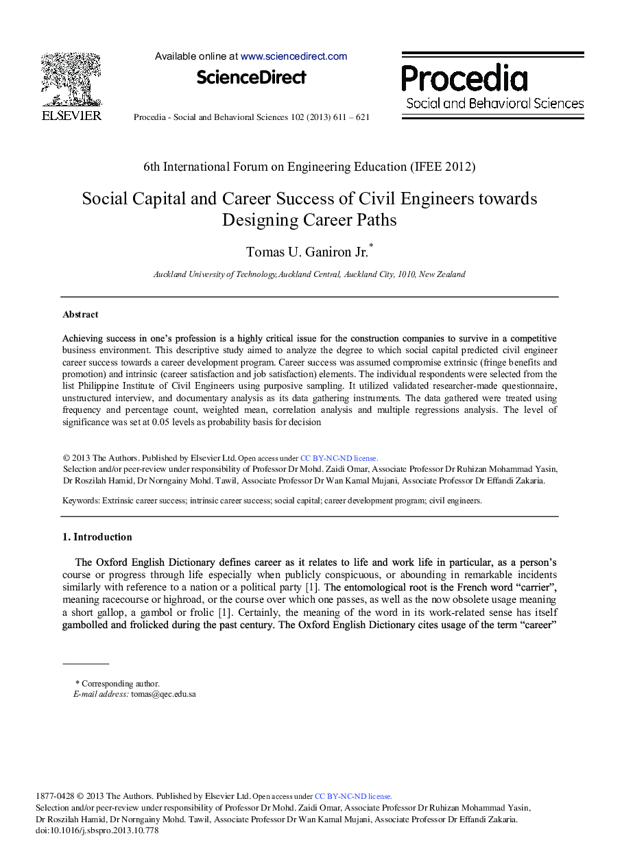 Social Capital and Career Success of Civil Engineers towards Designing Career Paths 