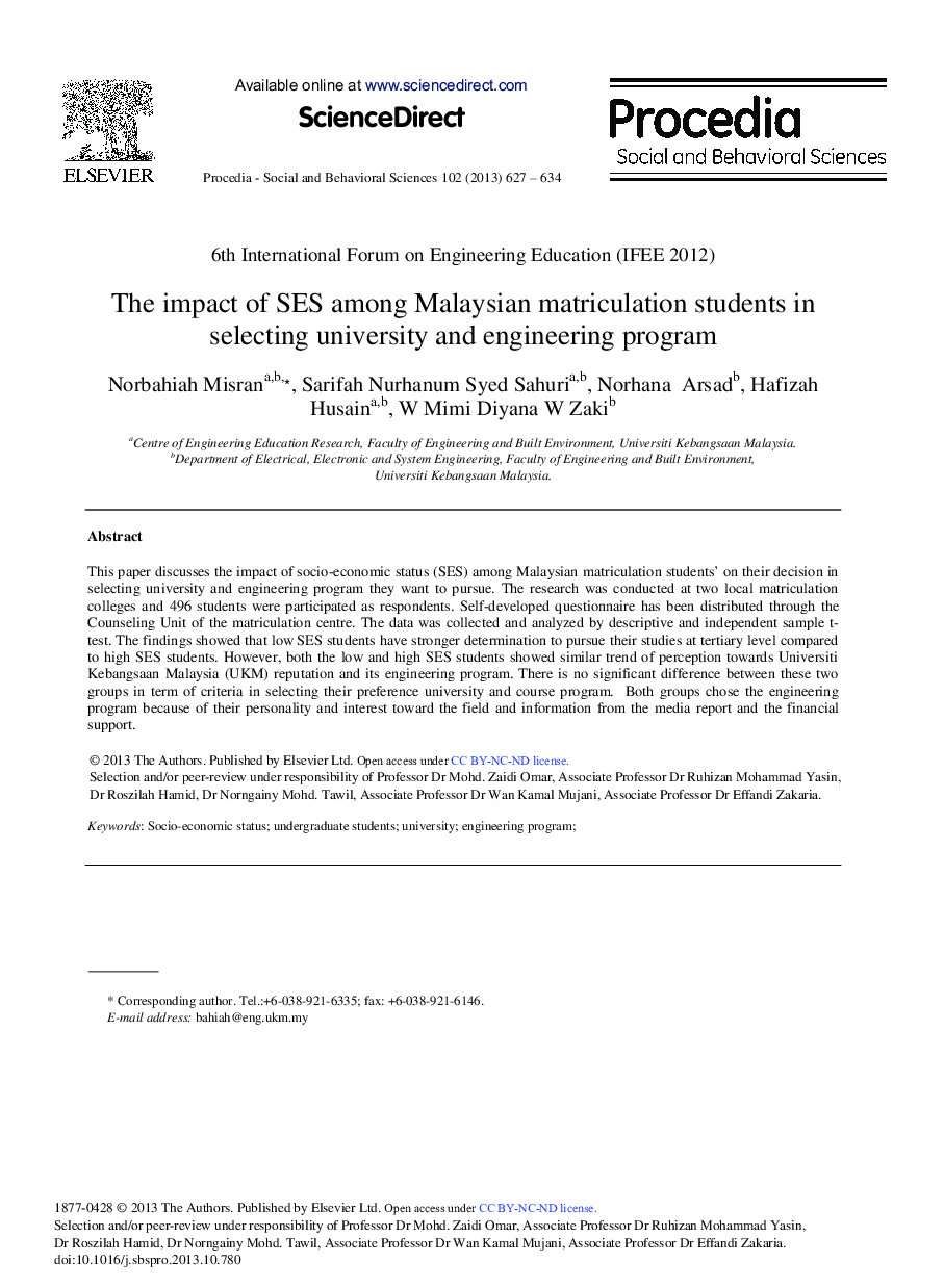 The Impact of SES among Malaysian Matriculation Students in Selecting University and Engineering Program 