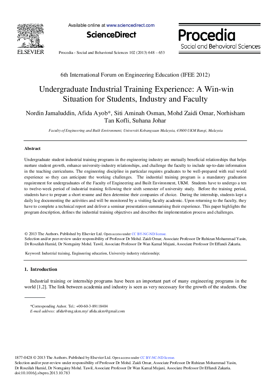 Undergraduate Industrial Training Experience: A Win-win Situation for Students, Industry and Faculty 