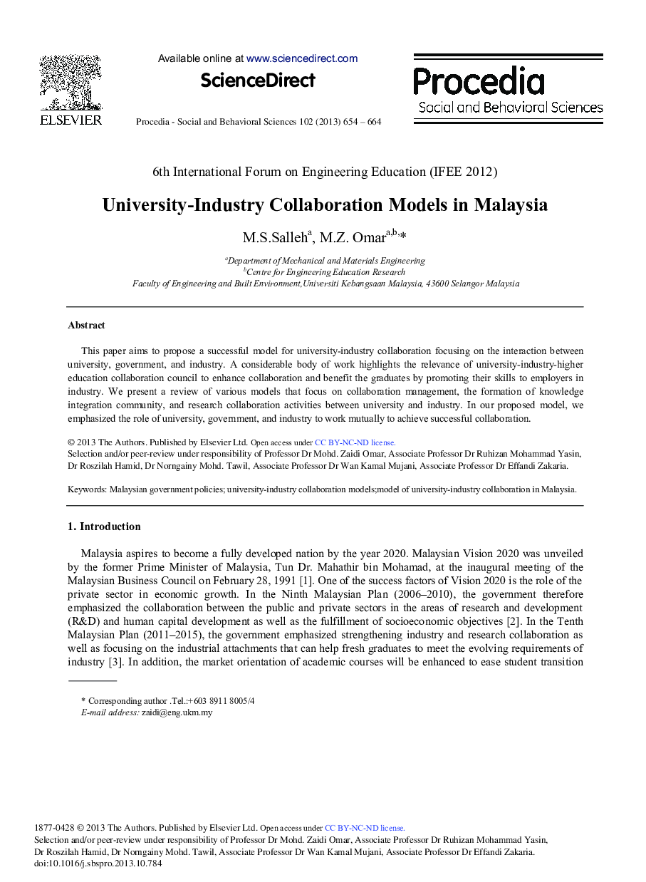 University-industry Collaboration Models in Malaysia 