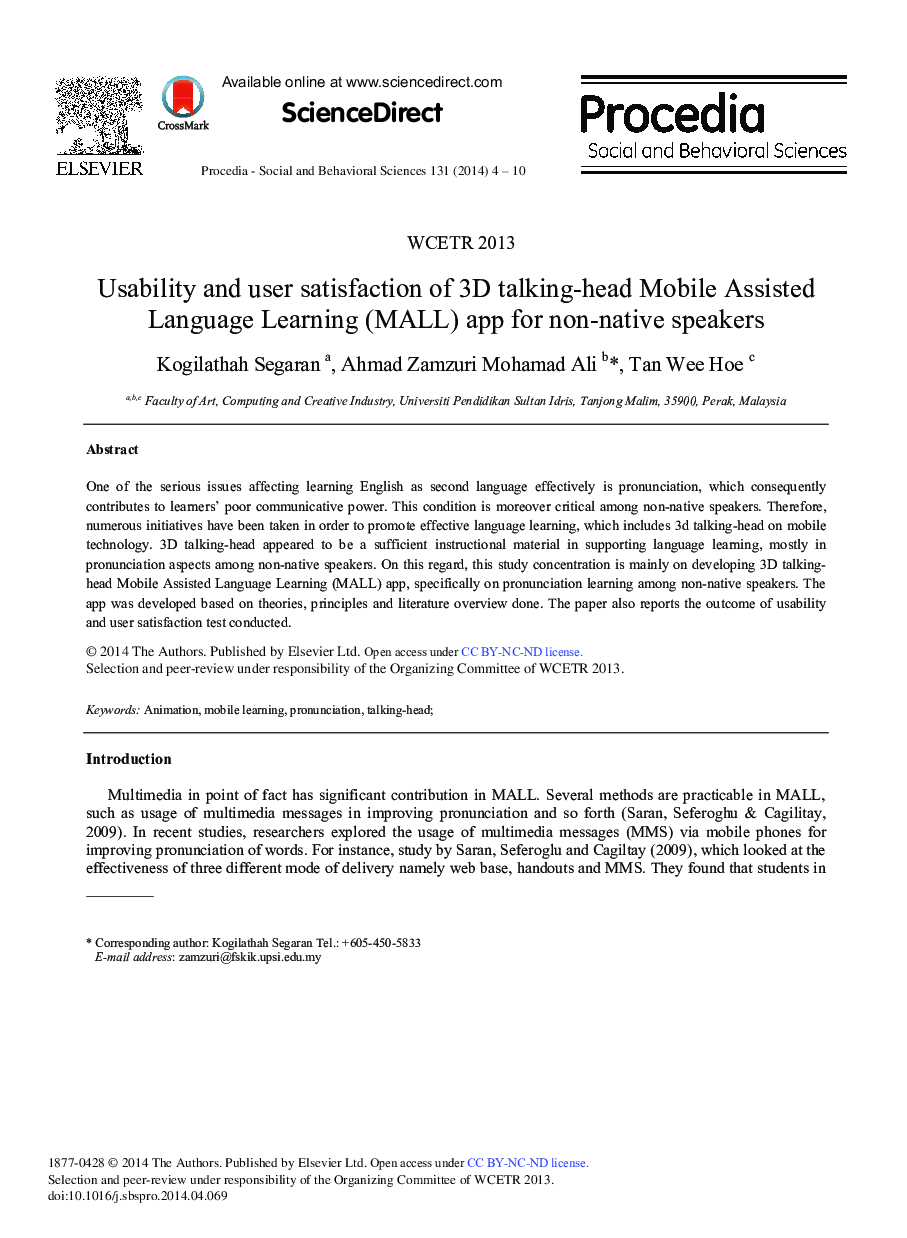 Usability and User Satisfaction of 3D Talking-head Mobile Assisted Language Learning (MALL) App for Non-native Speakers ★