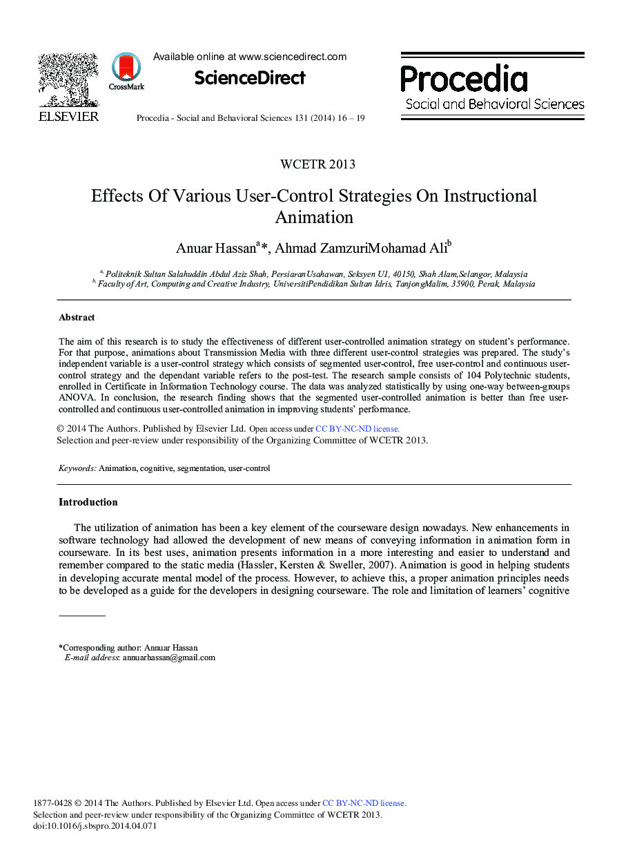 Effects of Various User-control Strategies on Instructional Animation ★