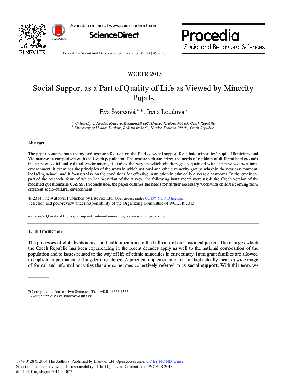 Social Support as a Part of Quality of Life as Viewed by Minority Pupils ★