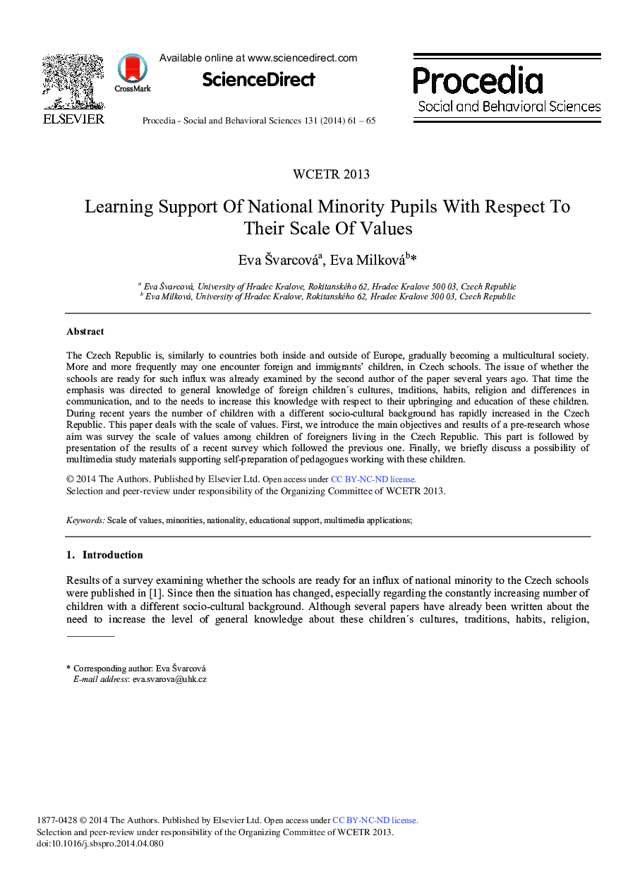 Learning Support of National Minority Pupils with Respect to their Scale of Values ★