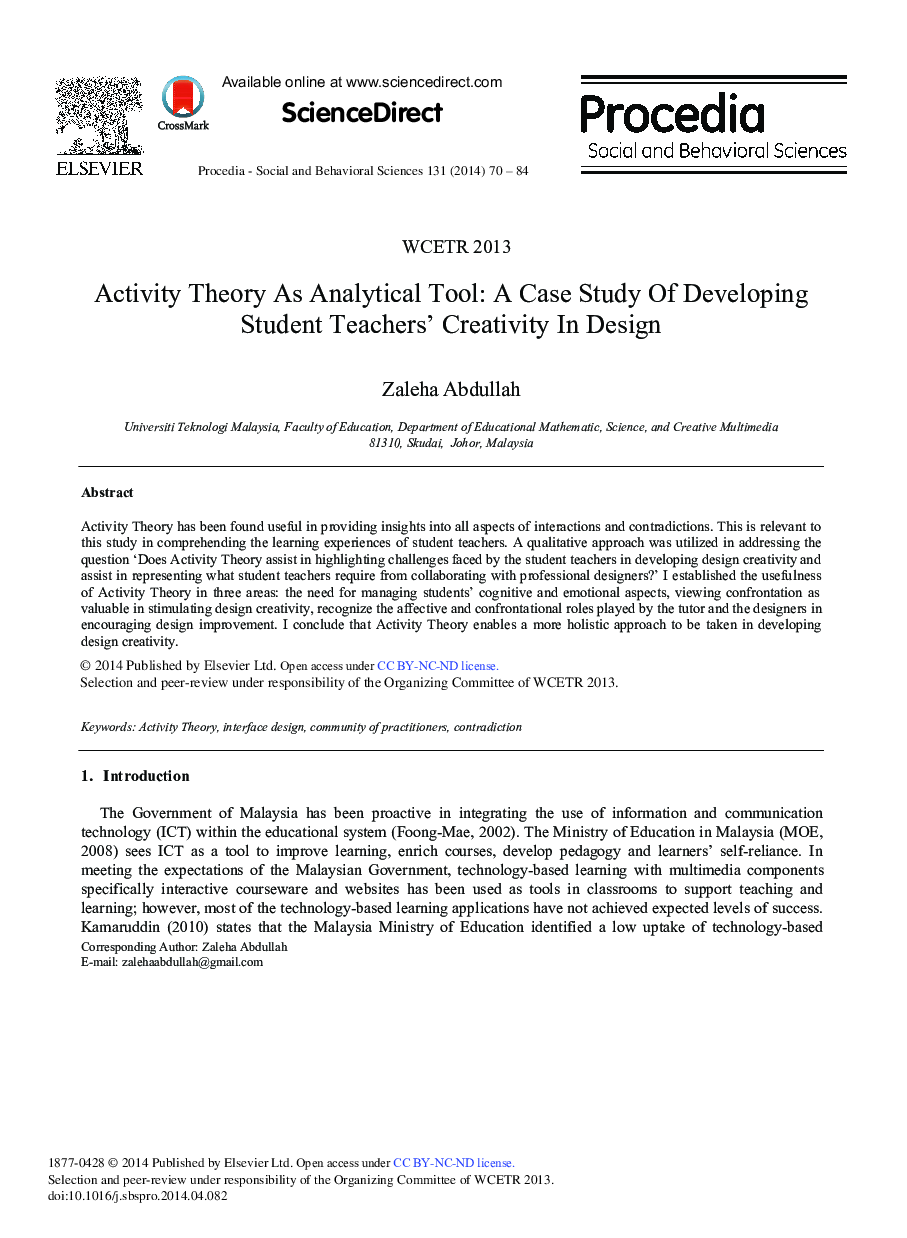 Activity Theory as Analytical Tool: A Case Study of Developing Student Teachers’ Creativity in Design ★