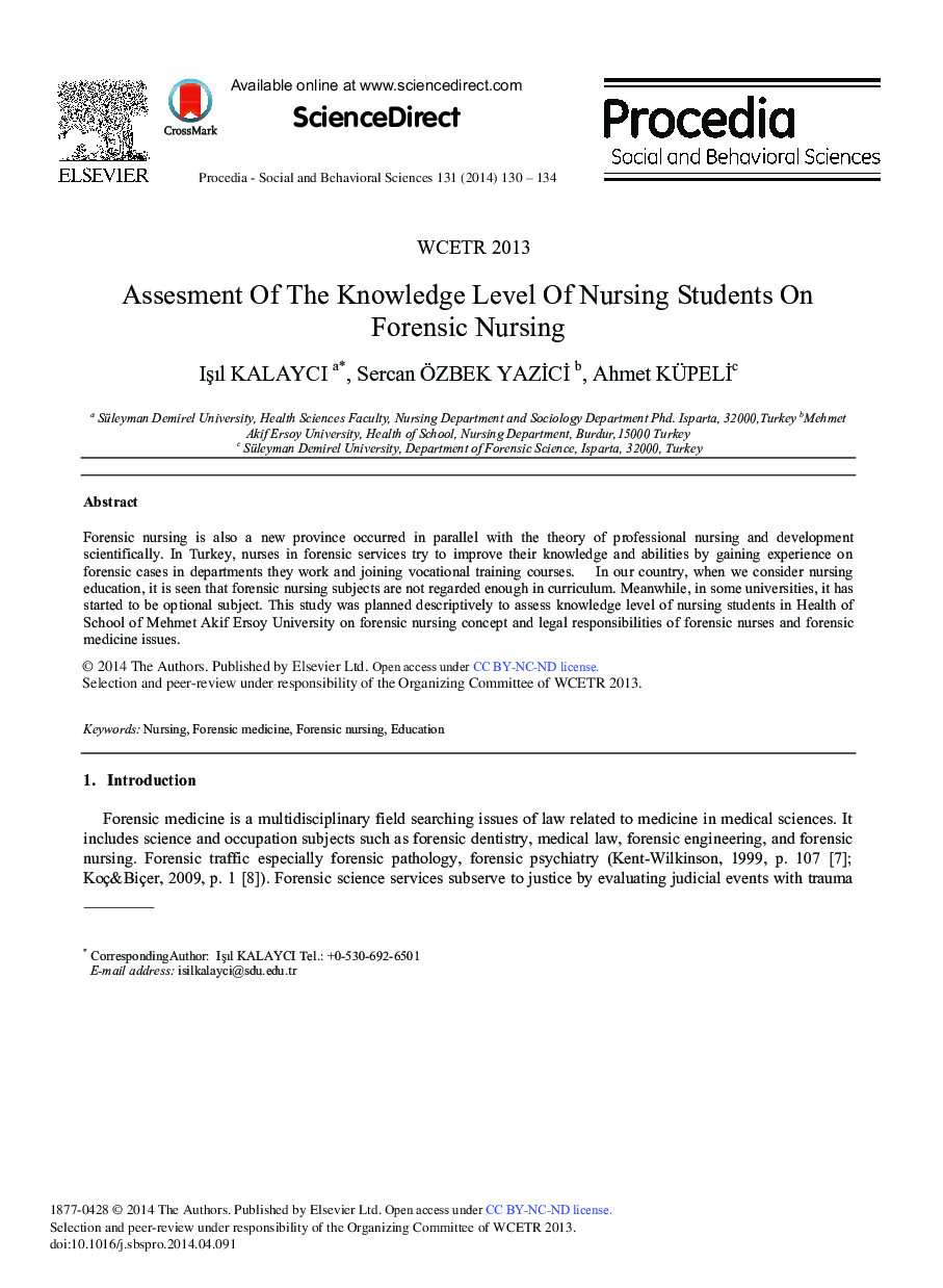 Assesment of the Knowledge Level of Nursing Students on Forensic Nursing ★