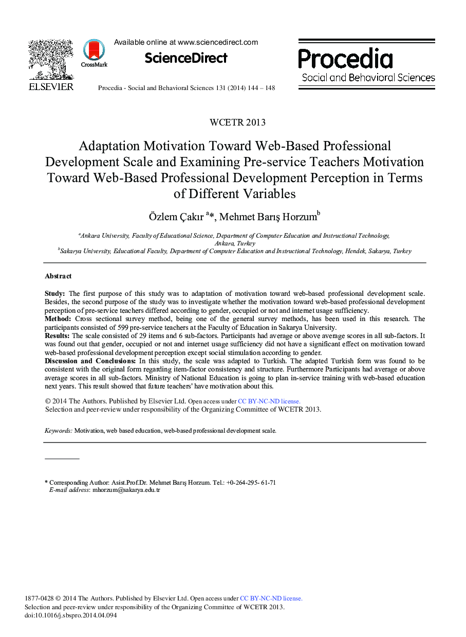 Adaptation Motivation toward Web-based Professional Development Scale and Examining Pre-service Teachers Motivation toward Web-based Professional Development Perception in Terms of Different Variables ★