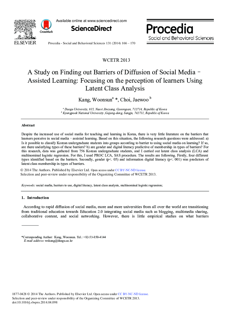 A Study on Finding out Barriers of Diffusion of Social Media–Assisted Learning: Focusing on the Perception of Learners Using Latent Class Analysis ★