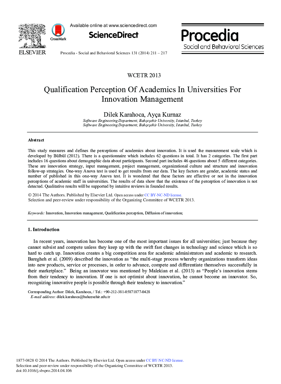 Qualification Perception of Academics in Universities for Innovation Management ★