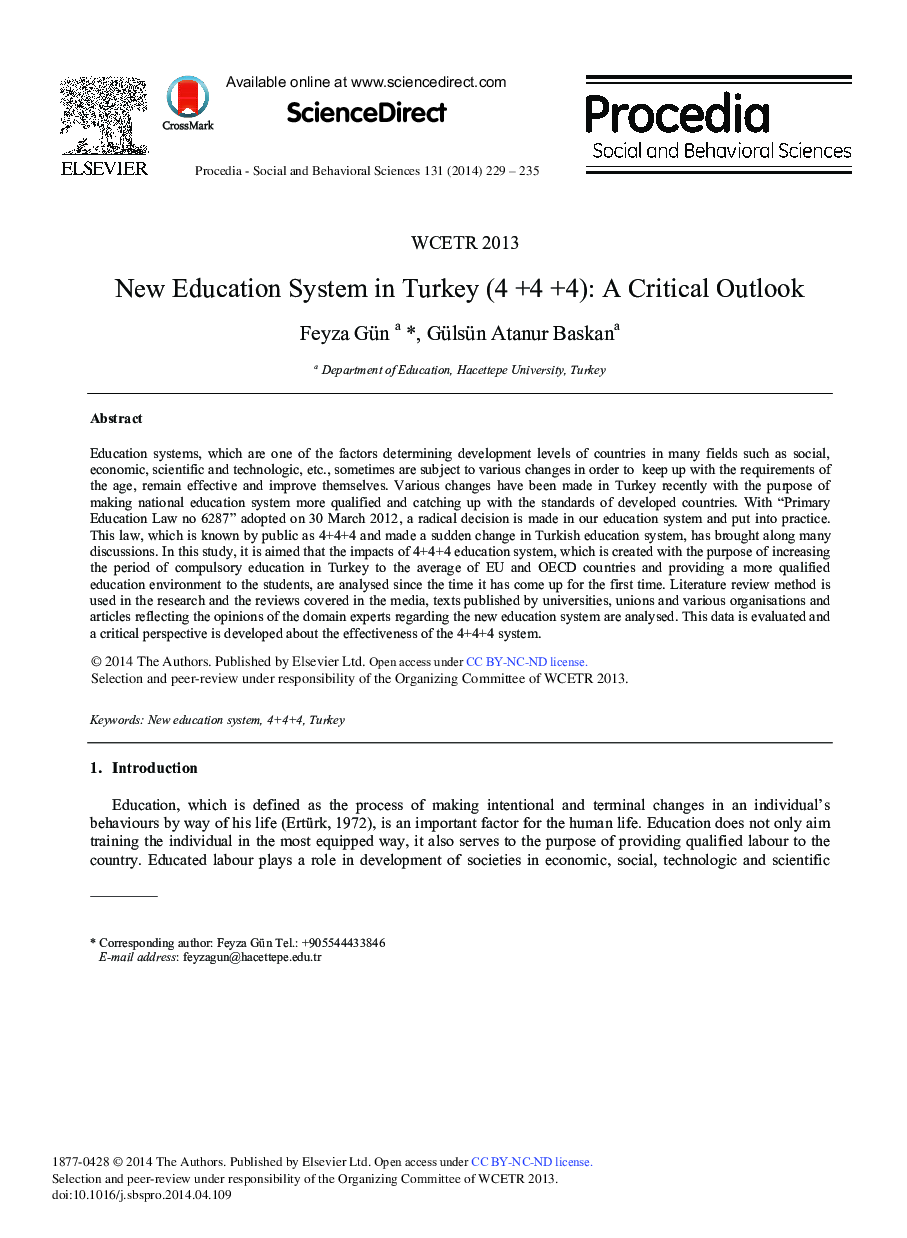 New Education System in Turkey (4 +4 +4): A Critical Outlook ★