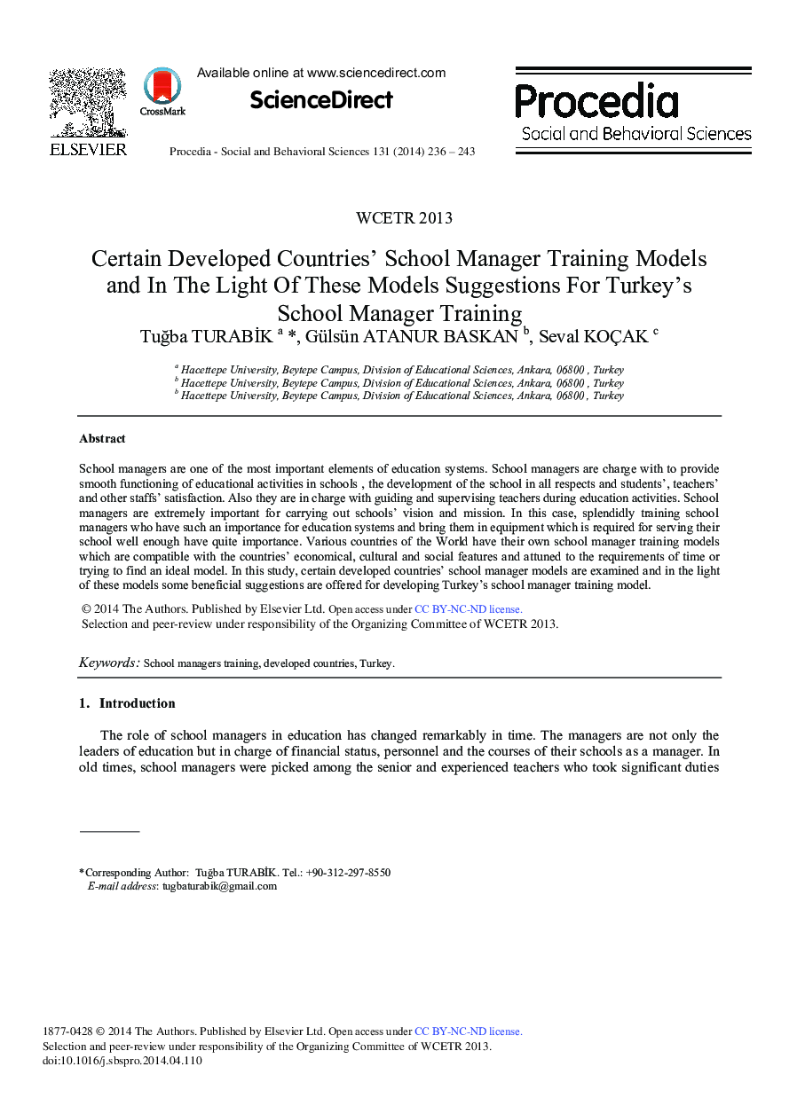 Certain Developed Countries’ School Manager Training Models and in the Light of these Models Suggestions for Turkey's School Manager Training ★