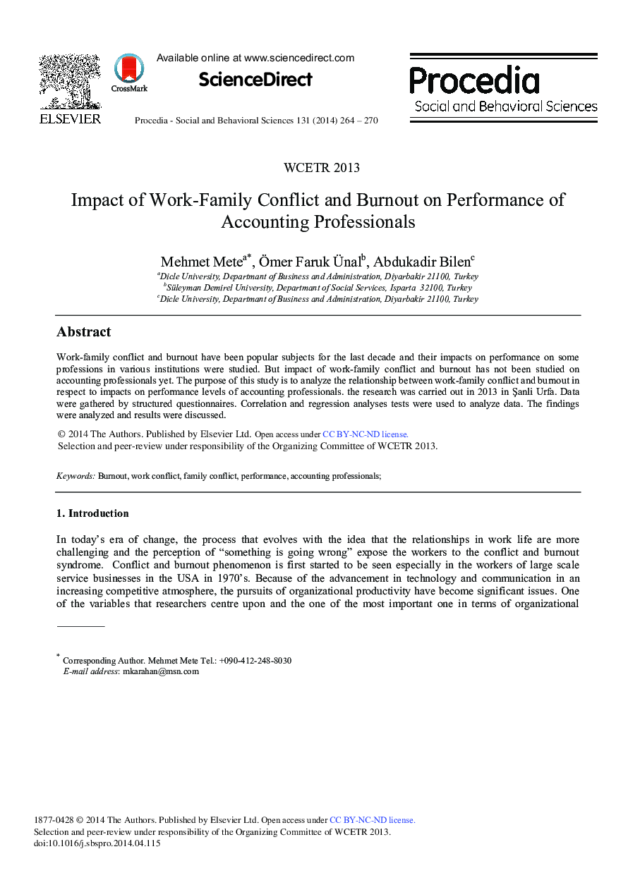 Impact of Work-Family Conflict and Burnout on Performance of Accounting Professionals ★