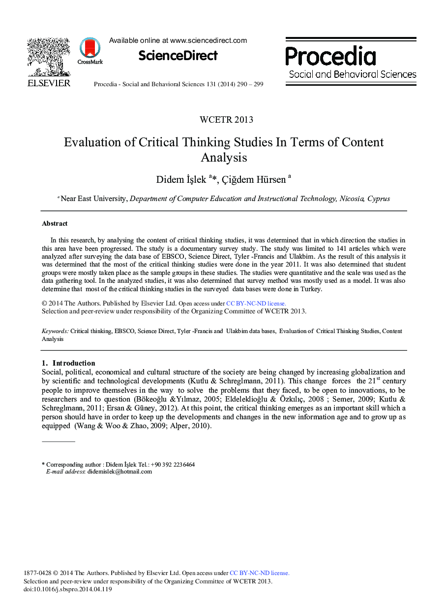 Evaluation of Critical Thinking Studies in Terms of Content Analysis ★