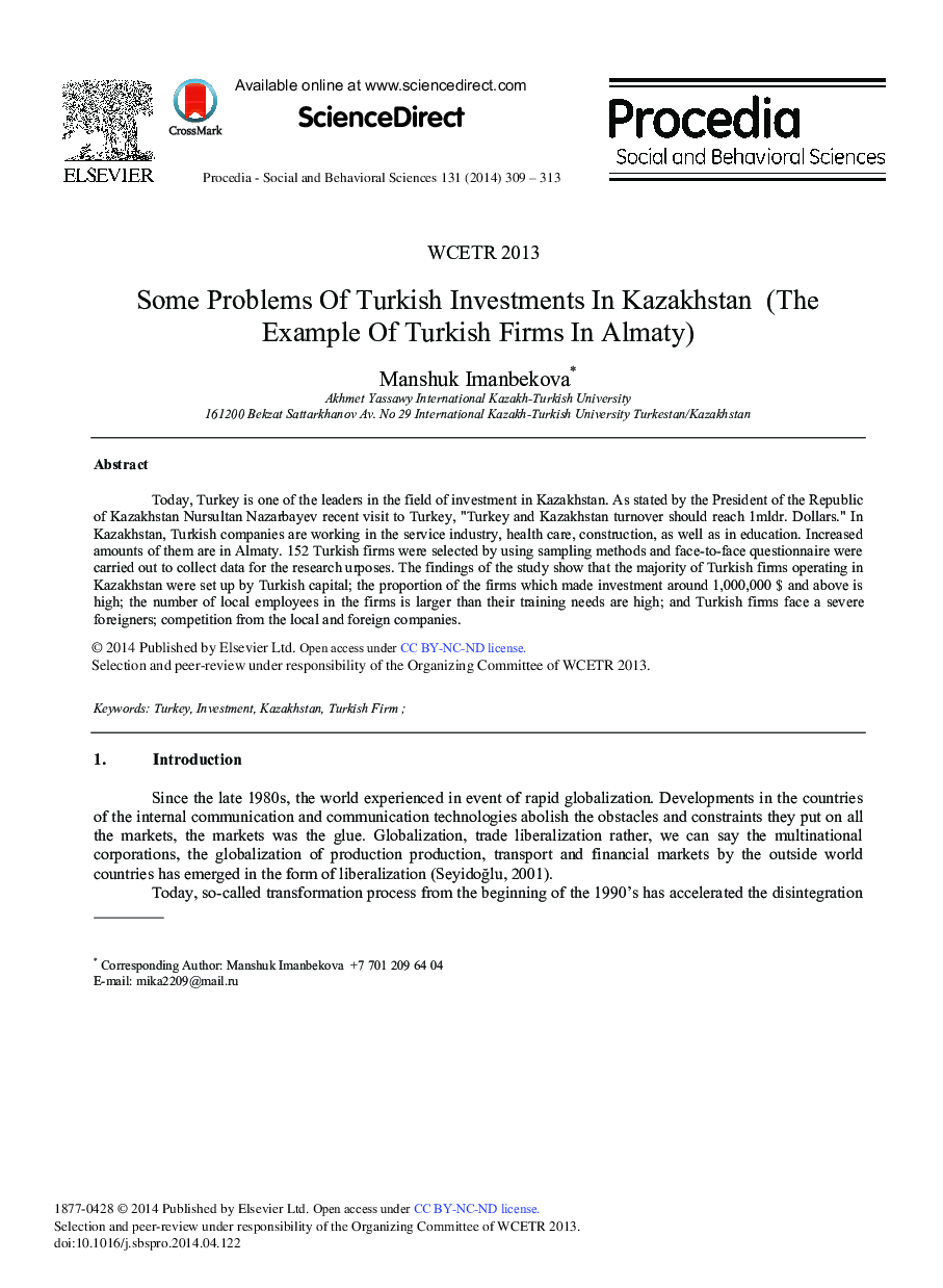 Some Problems of Turkish Investments in Kazakhstan (The Example of Turkish Firms in Almaty) ★