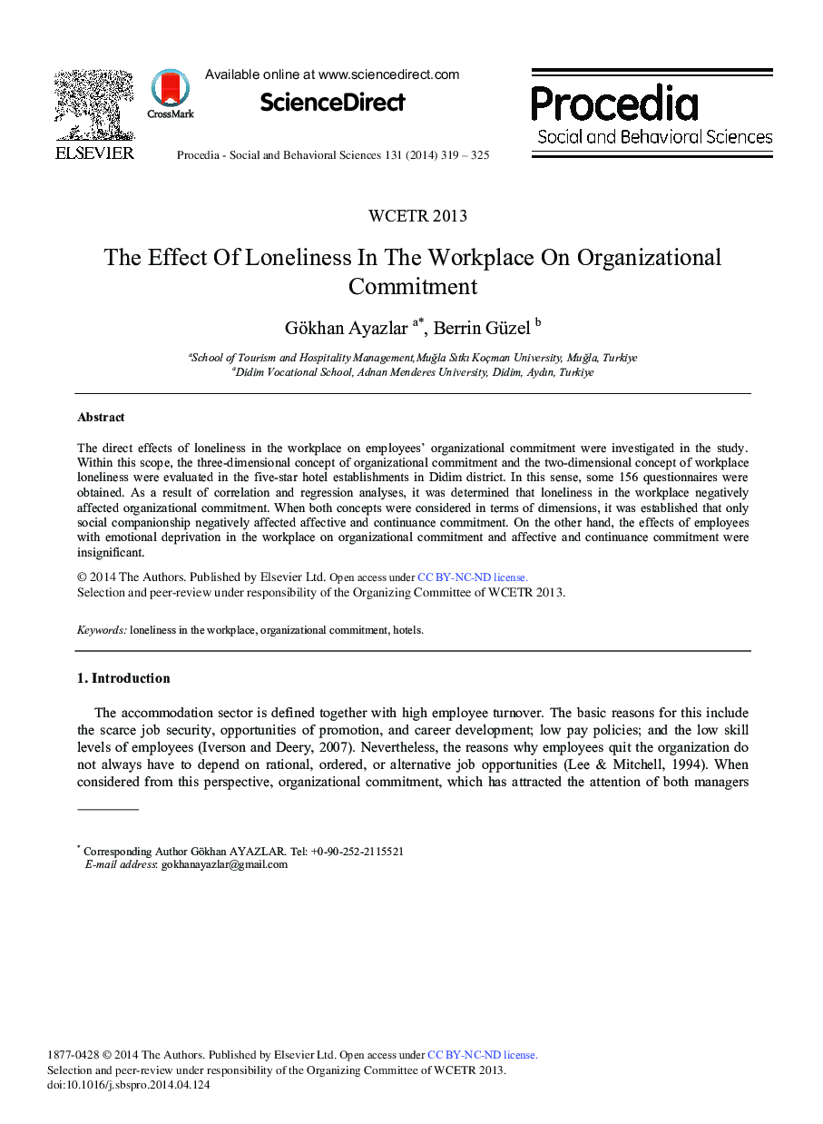 The Effect of Loneliness in the Workplace on Organizational Commitment ★