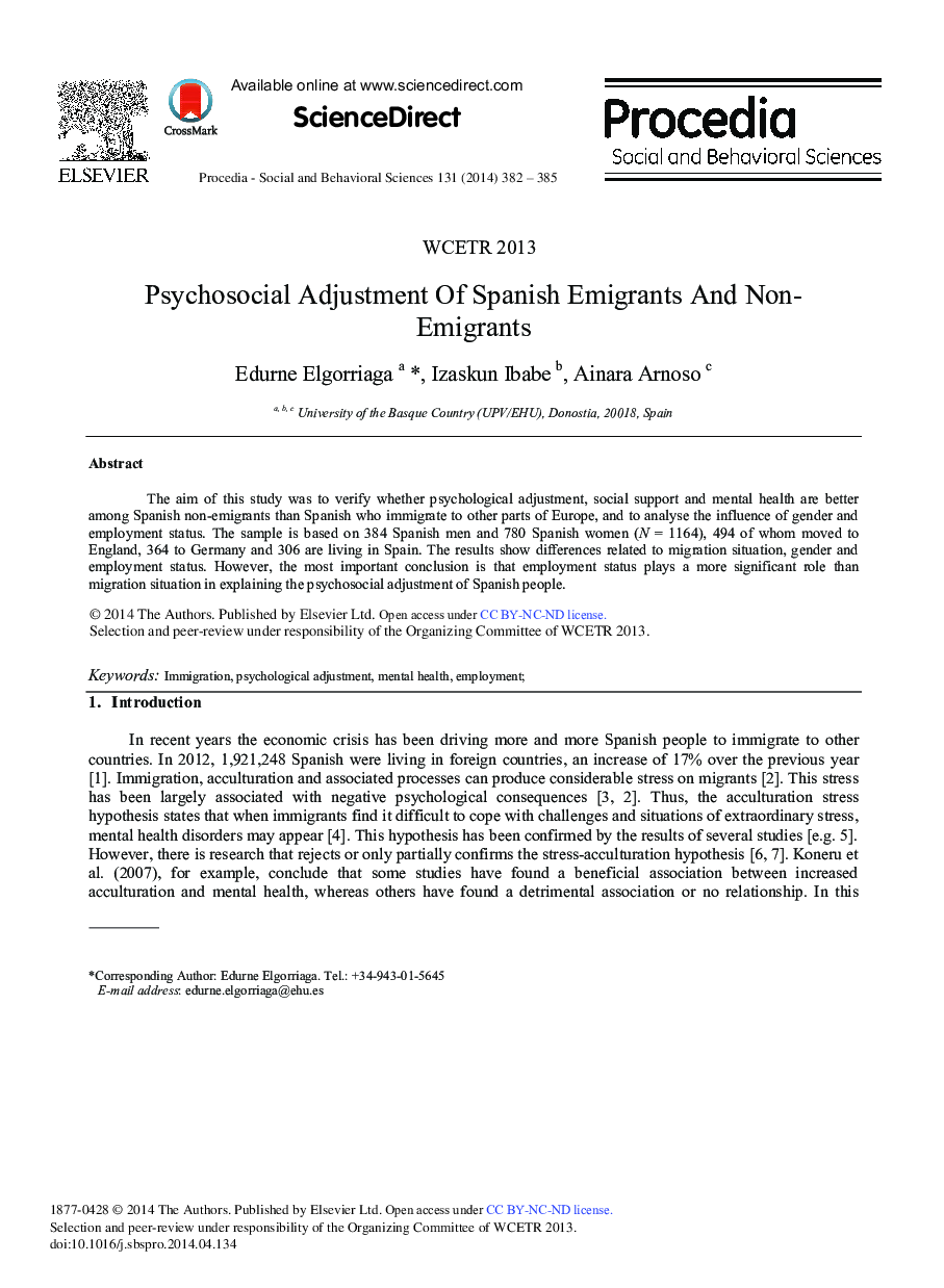 Psychosocial Adjustment of Spanish Emigrants and Non-emigrants ★