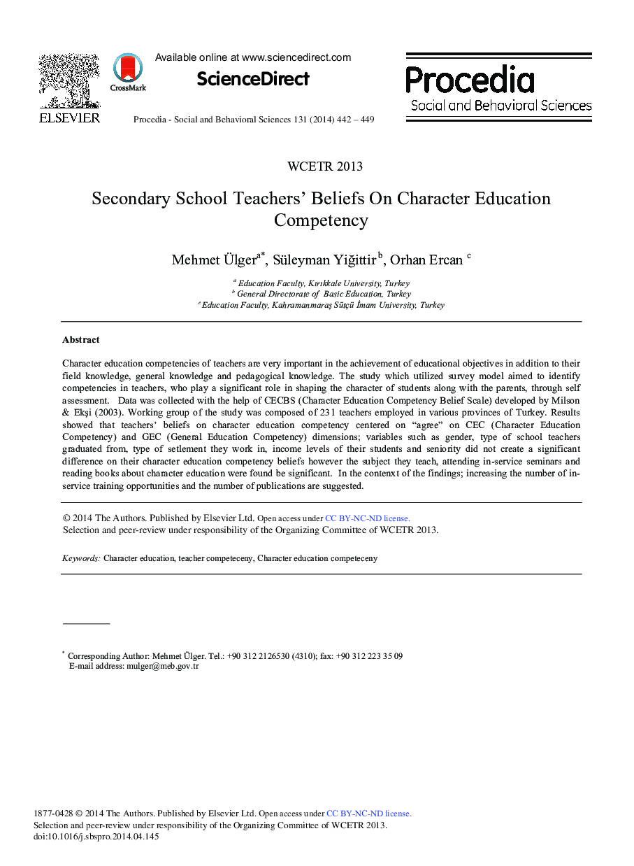 Secondary School Teachers’ Beliefs on Character Education Competency 