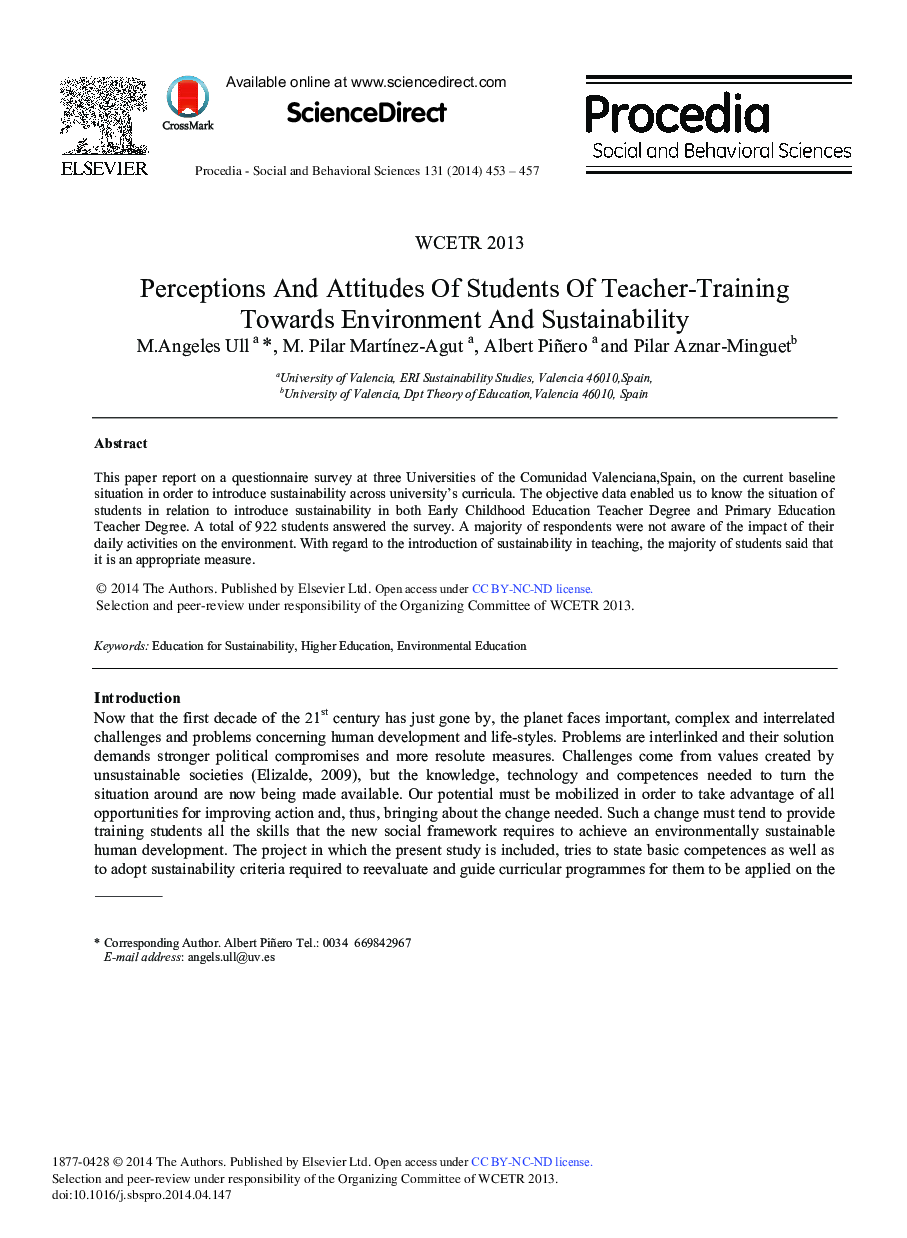 Perceptions and Attitudes of Students of Teacher-training towards Environment and Sustainability 