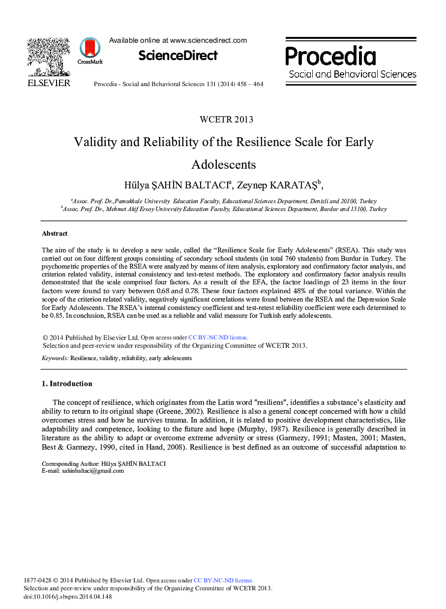 Validity and Reliability of the Resilience Scale for Early Adolescents 