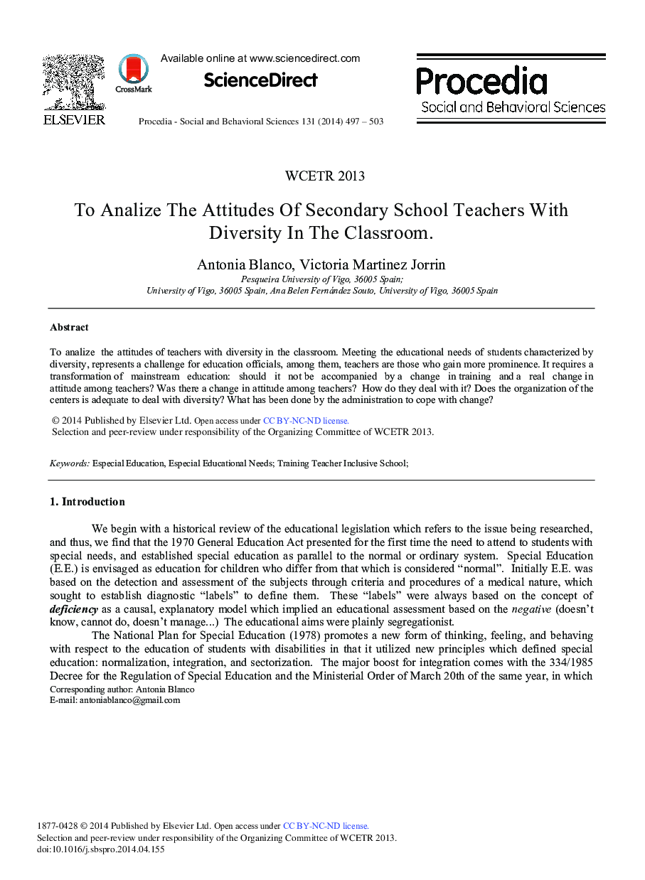 To Analize the Attitudes of Secondary School Teachers with Diversity in the Classroom. ★