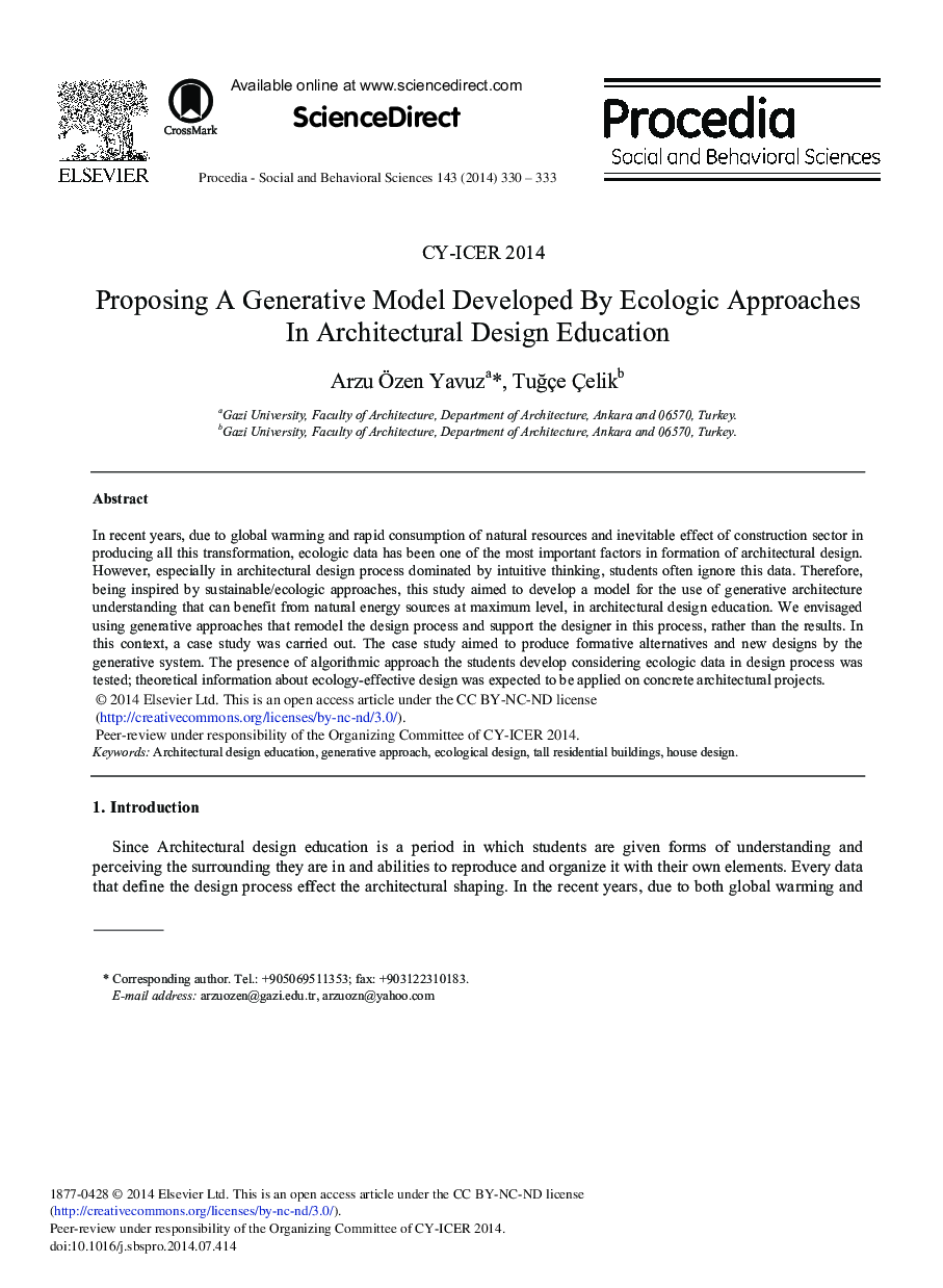 Proposing a Generative Model Developed by Ecologic Approaches in Architectural Design Education 