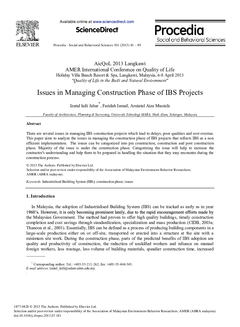 Issues in Managing Construction Phase of IBS Projects