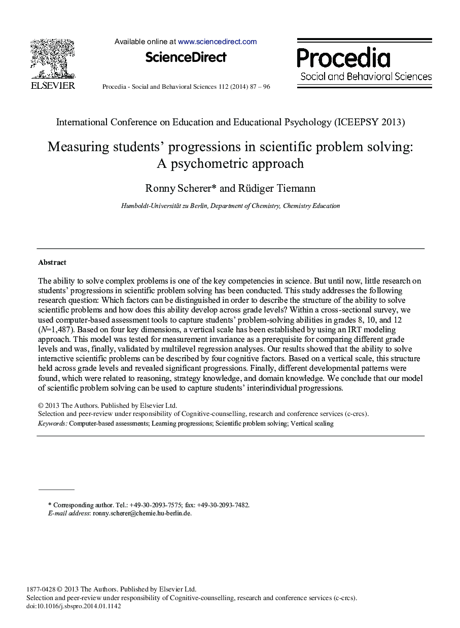 Measuring Students’ Progressions in Scientific Problem Solving: A Psychometric Approach 