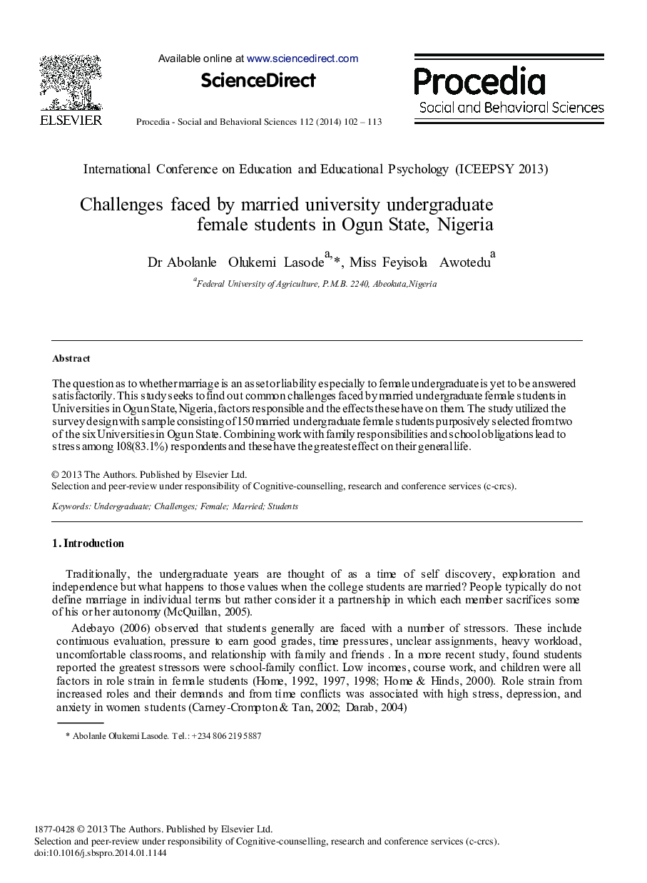 Challenges Faced by Married University Undergraduate Female Students in Ogun State, Nigeria 