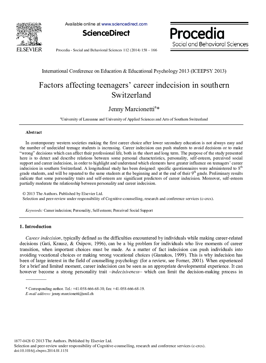 Factors Affecting Teenagers’ Career Indecision in Southern Switzerland 