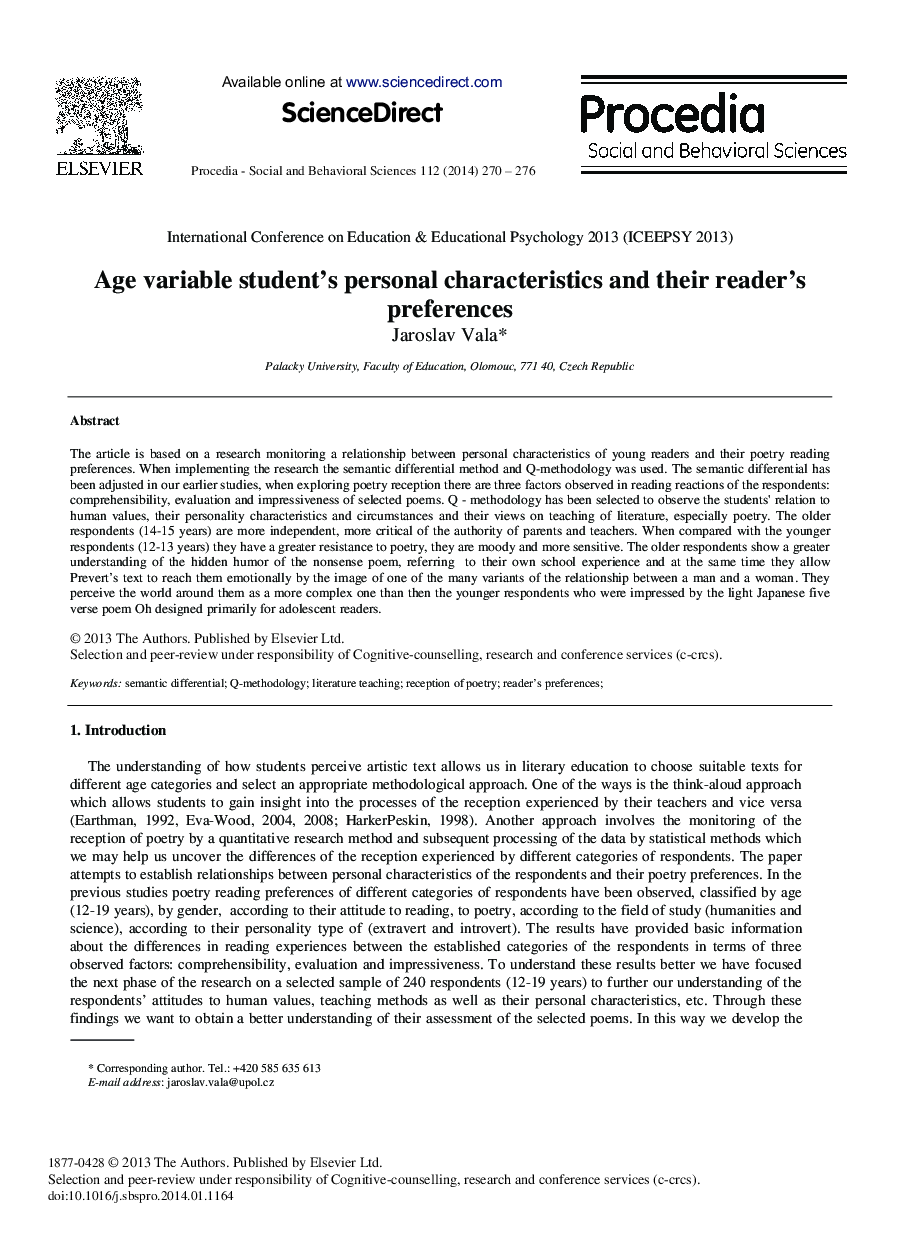 Age Variable Student's Personal Characteristics and Their Reader's Preferences 