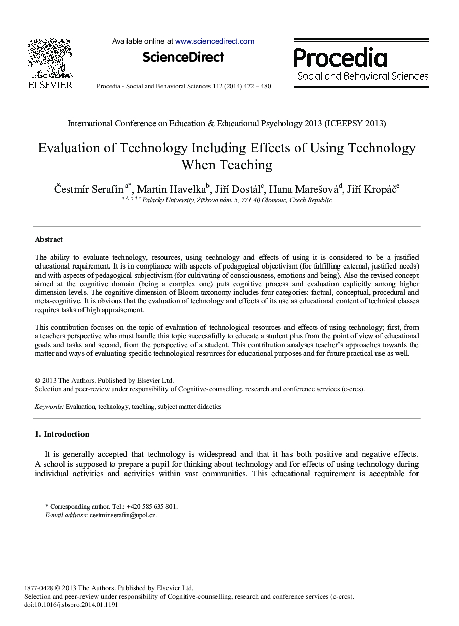 Evaluation of Technology Including Effects of Using Technology When Teaching 