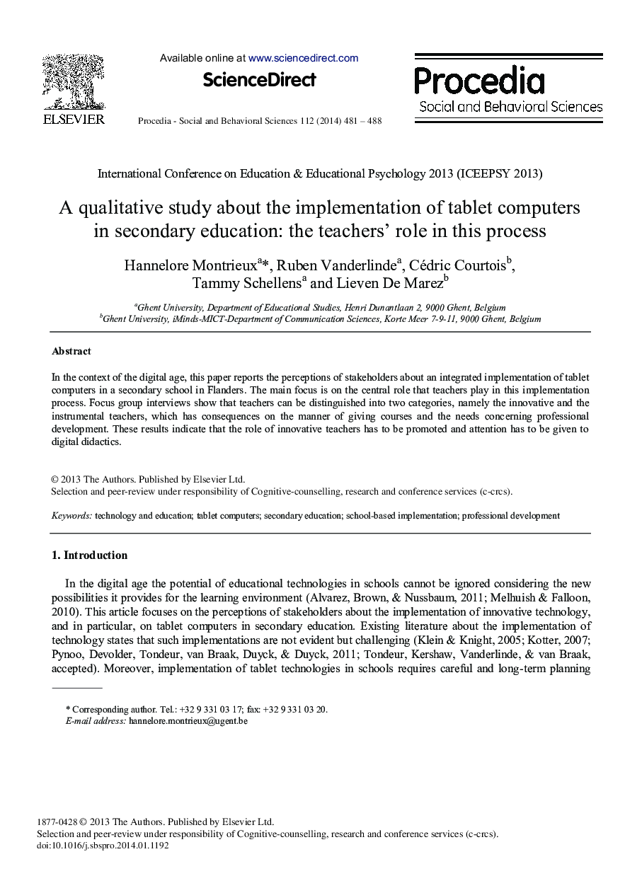 A Qualitative Study about the Implementation of Tablet Computers in Secondary Education: The Teachers’ Role in this Process 